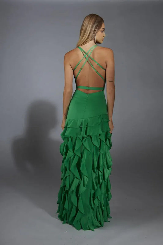 Dress Off the Shoulder V Neck Evening Dress Sleeveless Sweep/Brush Train Tiered Prom Dress