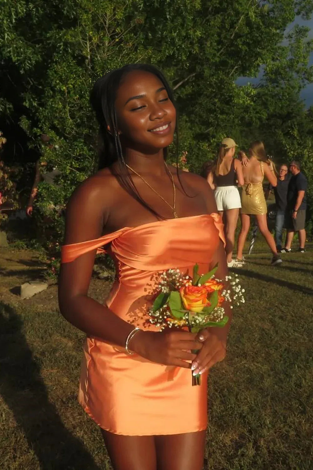 Dress Off the Shoulder Watermelon Satin Short Dress Homecoming Dress