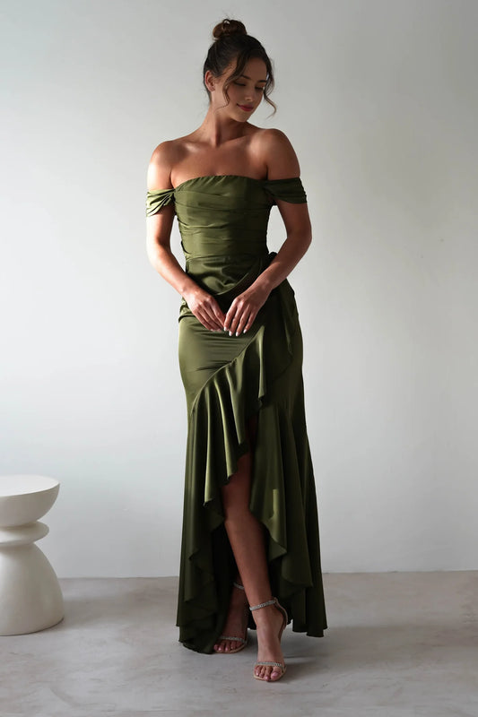 Olive Satin Mermaid Off‑The‑Shoulder Draped‑Sleeve Zipper‑Back Asymmetrical Long Prom Dress For Evening