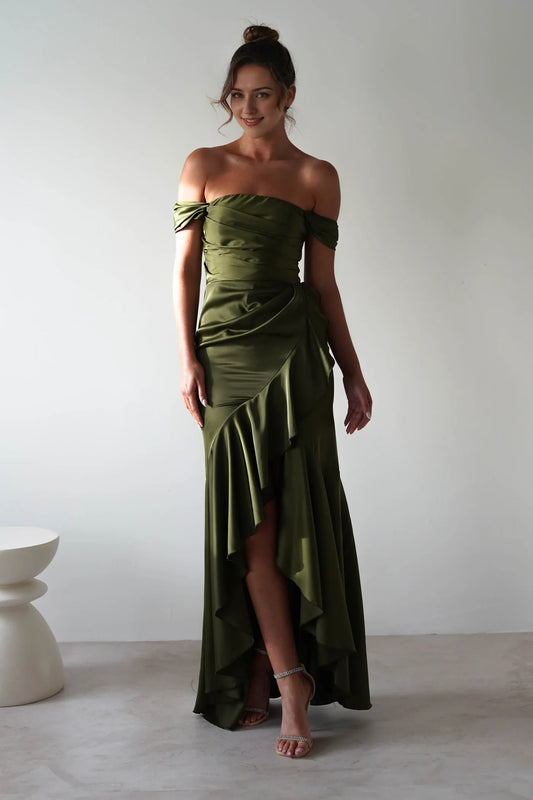 Olive Satin Mermaid Off‑The‑Shoulder Draped‑Sleeve Zipper‑Back Asymmetrical Long Prom Dress For Evening