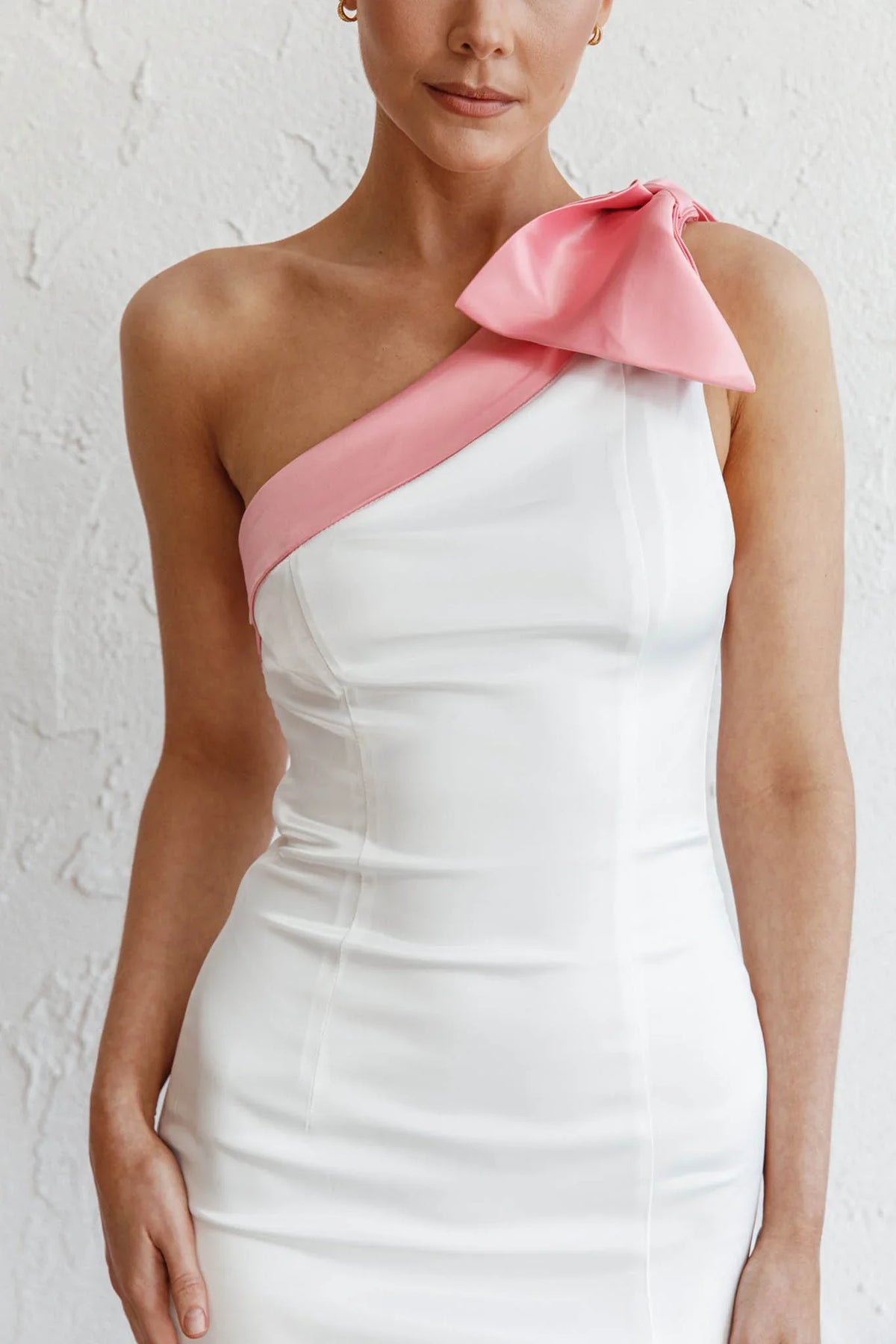 Dress One-Shoulder Pink Bow Maxi Dress White Sleeveless With Side Slit