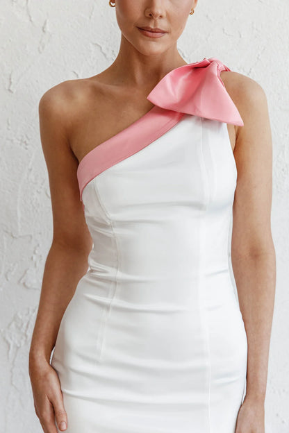 Dress One-Shoulder Pink Bow Maxi Dress White Sleeveless With Side Slit