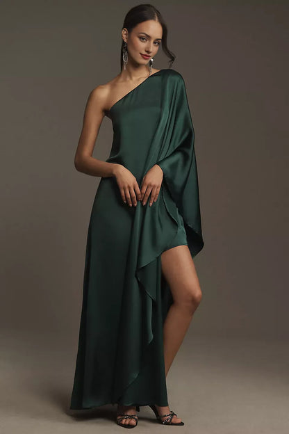 Dress One-Shoulder Satin Maxi Dress Simple Floor-Length Column Solid Color Prom Dress