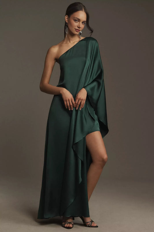 Dress One-Shoulder Satin Sleeveless Prom Dress Green Minimalist Maxi Dress Asymmetrical Hem
