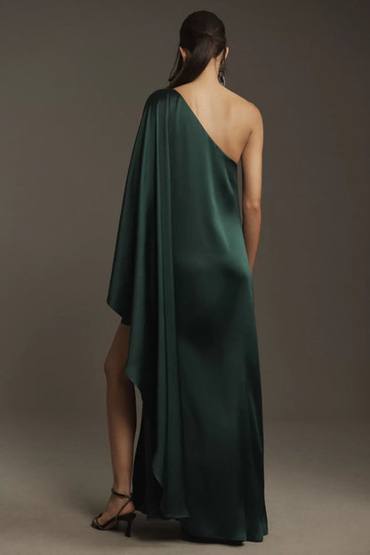 Dress One-Shoulder Satin Sleeveless Prom Dress Green Minimalist Maxi Dress Asymmetrical Hem