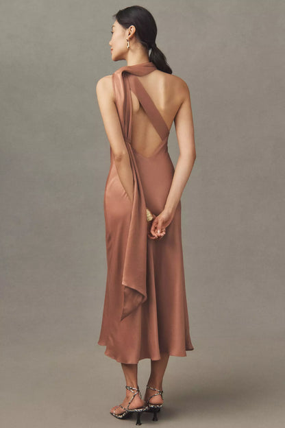 Dress One-Shoulder Scarf Satin Midi Dress Sleeveless Straight Tube Open Back Prom Dress