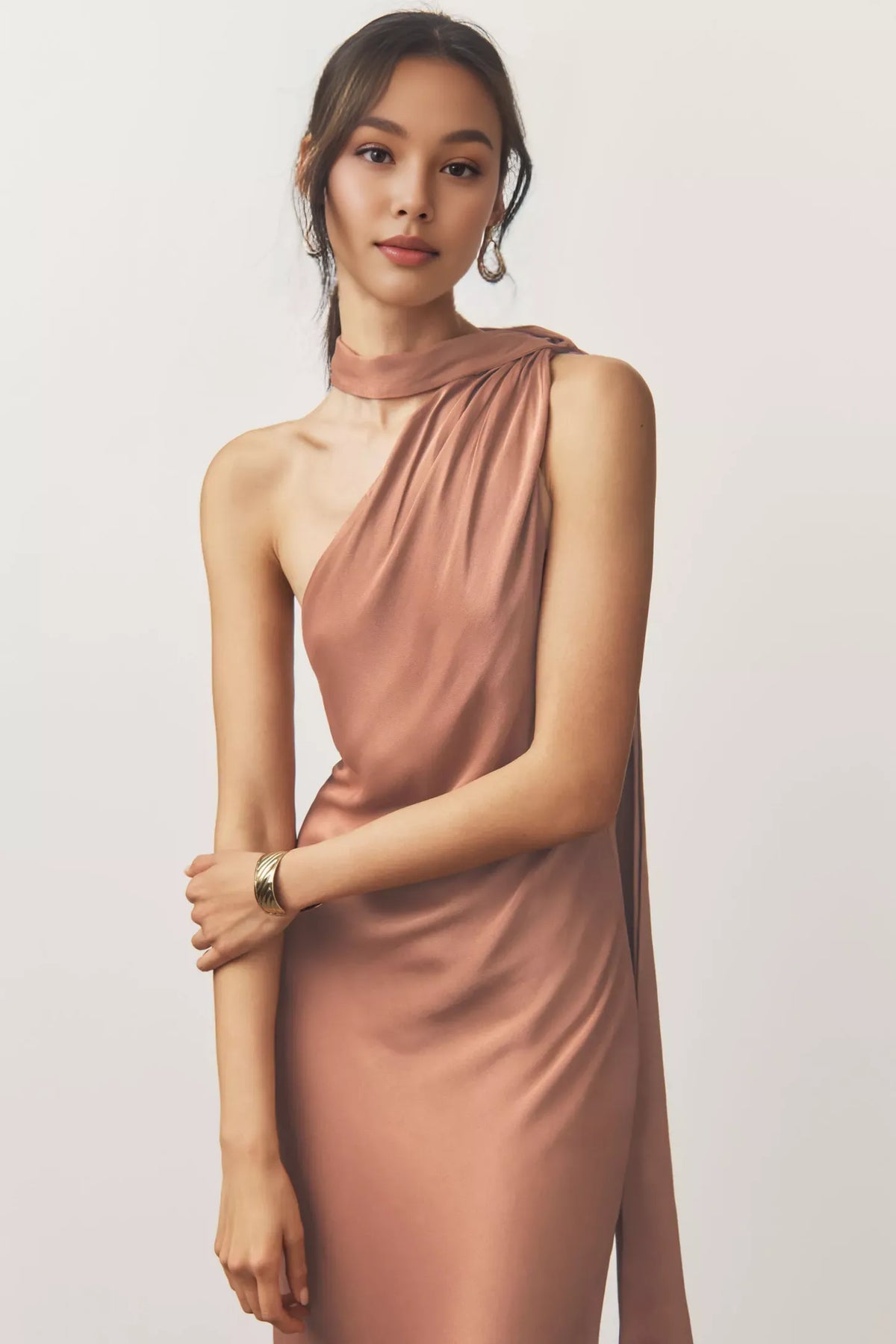 Dress One-Shoulder Scarf Satin Midi Dress Sleeveless Straight Tube Open Back Prom Dress