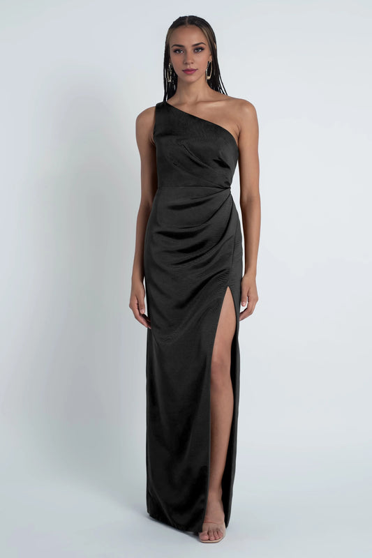 Dress One Shoulder Asymmetrical Pleating Evening Dress Bridesmaid Dress Floor-Length Sheath Slit Open Back Prom Dress
