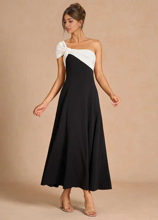 Dress One Shoulder Elegant Tea-Length Prom Dress Sleeveless Backless Black&White A-Line Evening Dress
