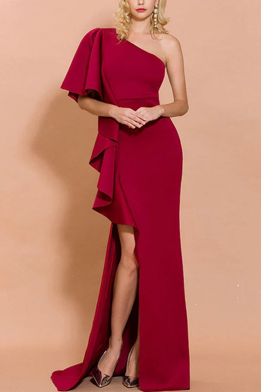 Dress One Shoulder Evening Party Dress Sleeveless Asymmetrical Ruffle Prom Dress With Slit