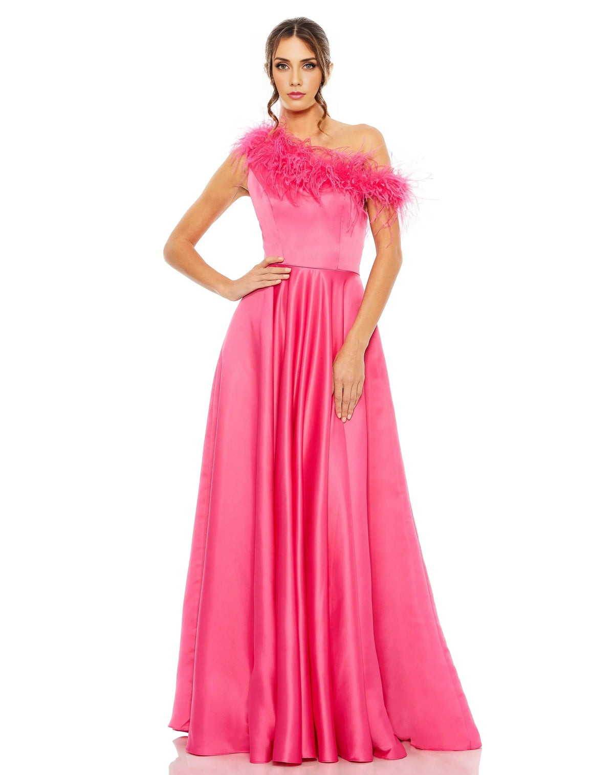 Dress One Shoulder Feather Prom Gown Satin Classic A-line Hot Pink Mother of the Bride Dress