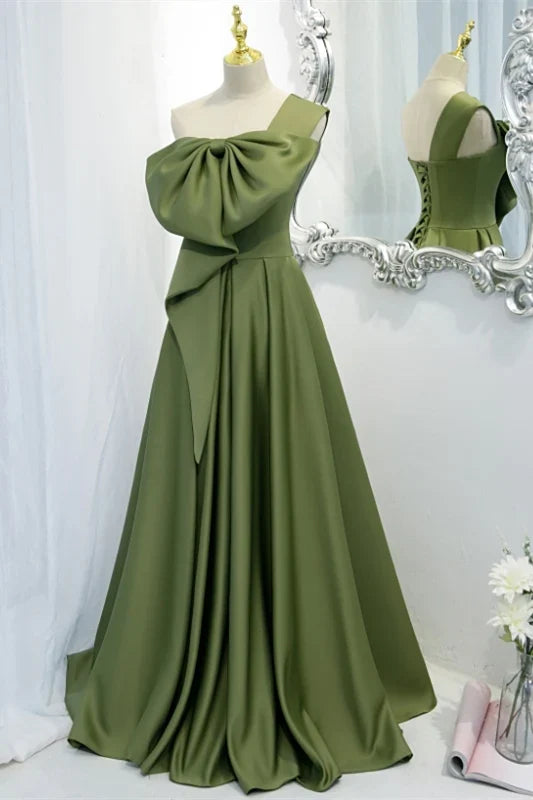 Dress One Shoulder Green Bow Long Formal Dress Lace Up Prom Dress