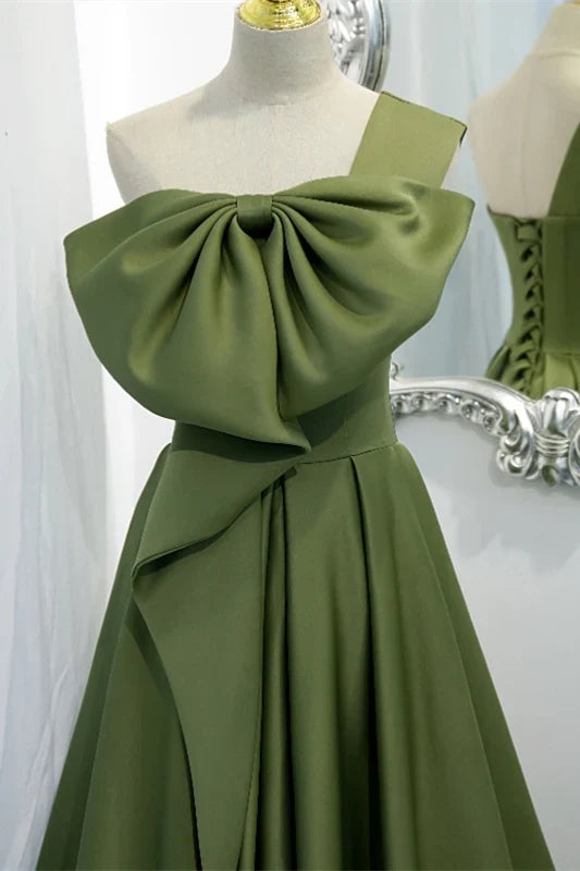 Dress One Shoulder Green Bow Long Formal Dress Lace Up Prom Dress