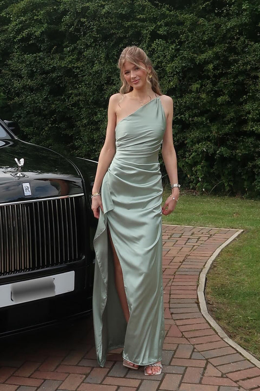 Dress One Shoulder Pink Ruched Frill Party Dress Maxi Dress Sleeveless Prom Dress