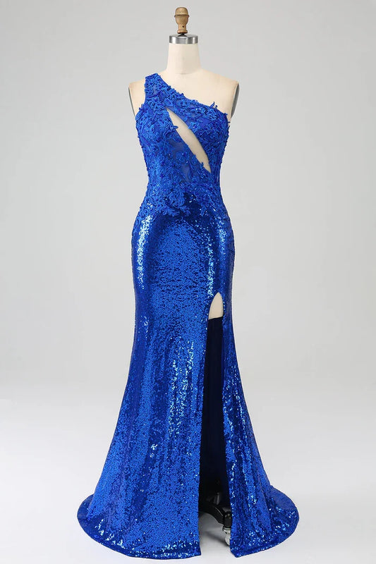 Dress One Shoulder Royal Blue Mermaid Slit Party Dress Maxi Dress With Appliques Prom Dress