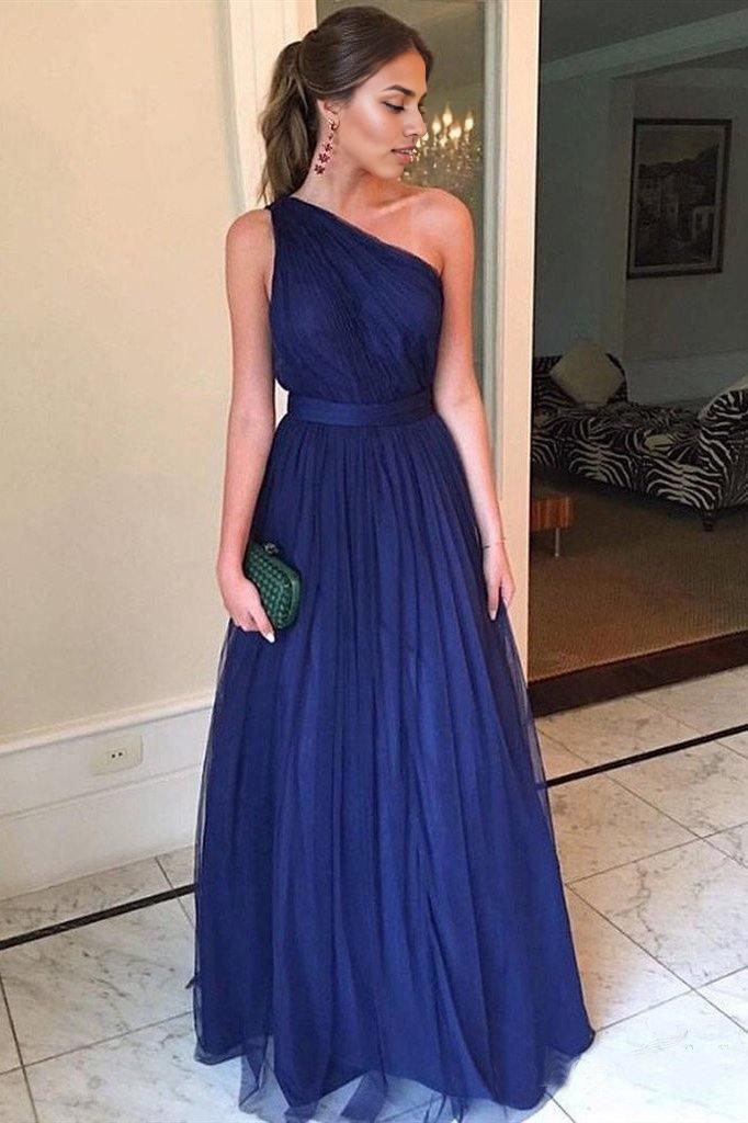 Dress One Shoulder Royal Blue Tulle Long Prom Dress Simple Evening Dress