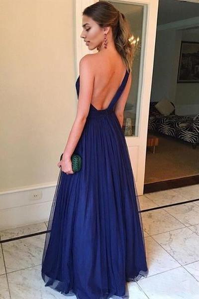 Dress One Shoulder Royal Blue Tulle Long Prom Dress Simple Evening Dress