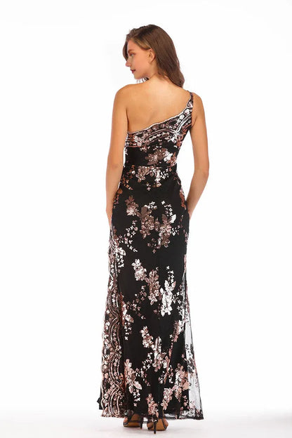 Dress One Shoulder Sequined Thigh-high Slit Prom Dress Maxi Dress Zipper Closure Sleeveless Party Dress