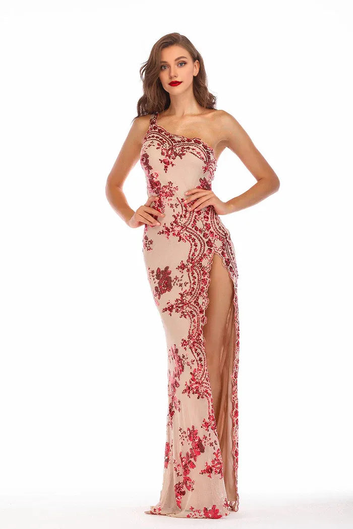 Dress One Shoulder Sequined Thigh-high Slit Prom Dress Maxi Dress Zipper Closure Sleeveless Party Dress