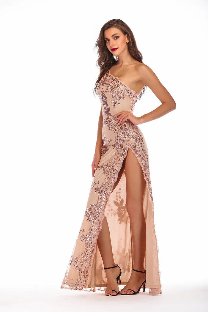 Dress One Shoulder Sequined Thigh-high Slit Prom Dress Maxi Dress Zipper Closure Sleeveless Party Dress