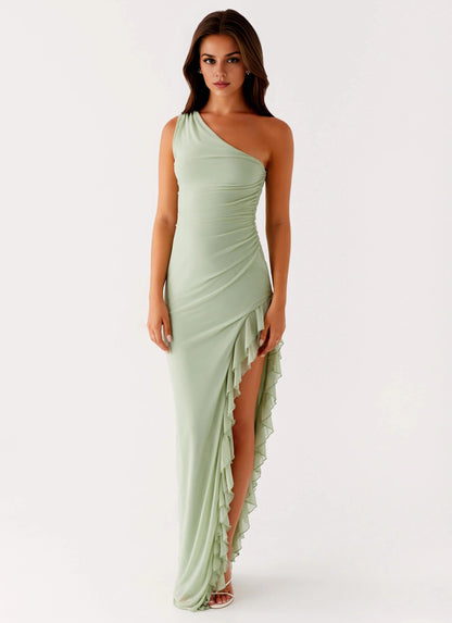Dress One Shoulder Sleeveless Sexy Slit Sweep/Brush Train Ruffle Straps Solid Color Prom Dress