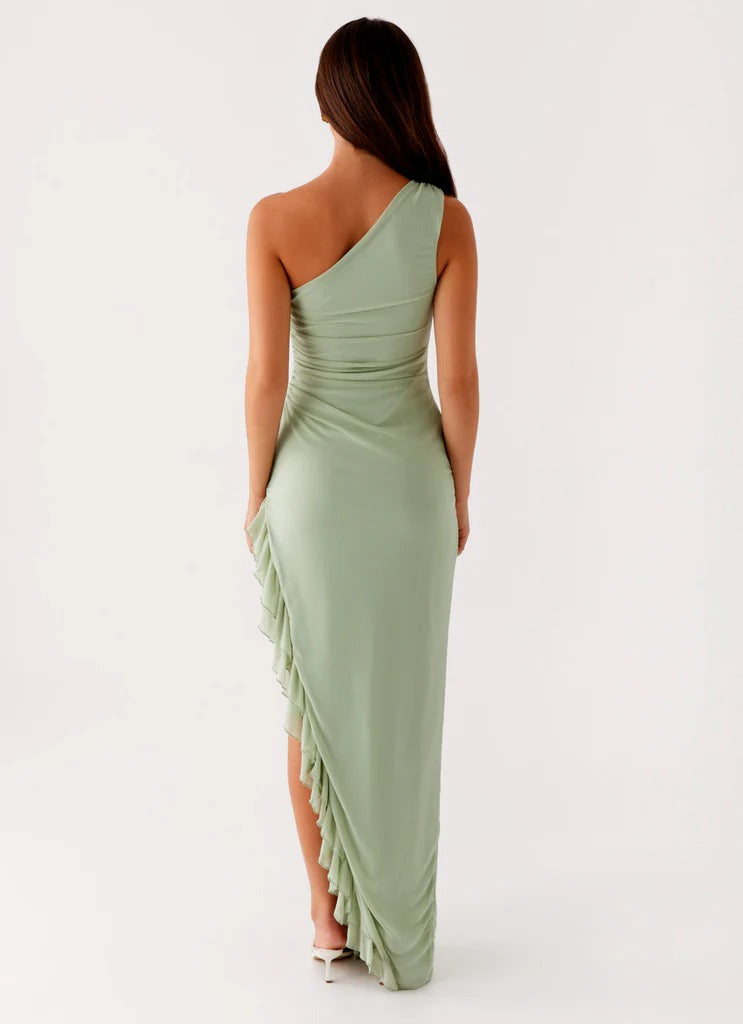 Dress One Shoulder Sleeveless Sexy Slit Sweep/Brush Train Ruffle Straps Solid Color Prom Dress