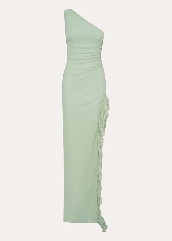 Dress One Shoulder Sleeveless Sexy Slit Sweep/Brush Train Ruffle Straps Solid Color Prom Dress