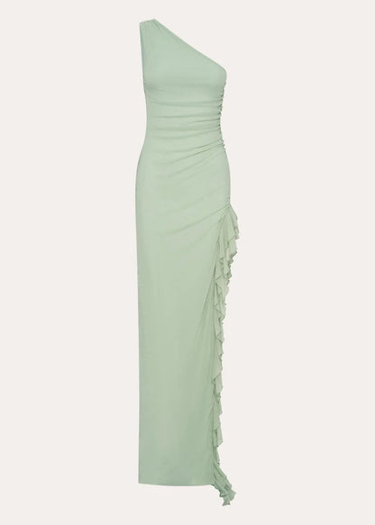 Dress One Shoulder Sleeveless Sexy Slit Sweep/Brush Train Ruffle Straps Solid Color Prom Dress