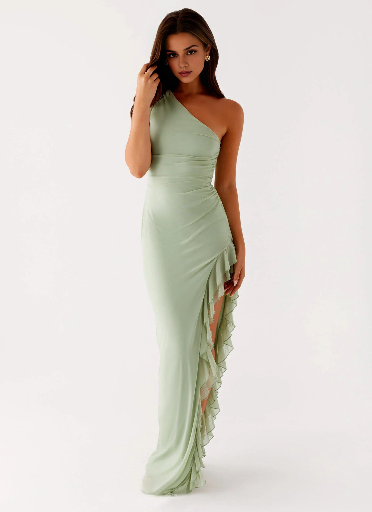 Dress One Shoulder Sleeveless Sexy Slit Sweep/Brush Train Ruffle Straps Solid Color Prom Dress