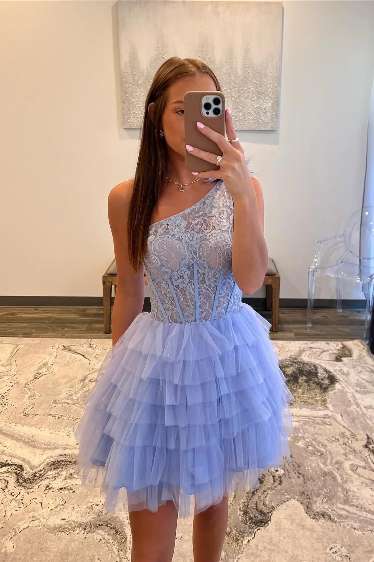 Dress One Shoulder Tiered Ruffle Short Princess Dress A-line Homecoming Dress