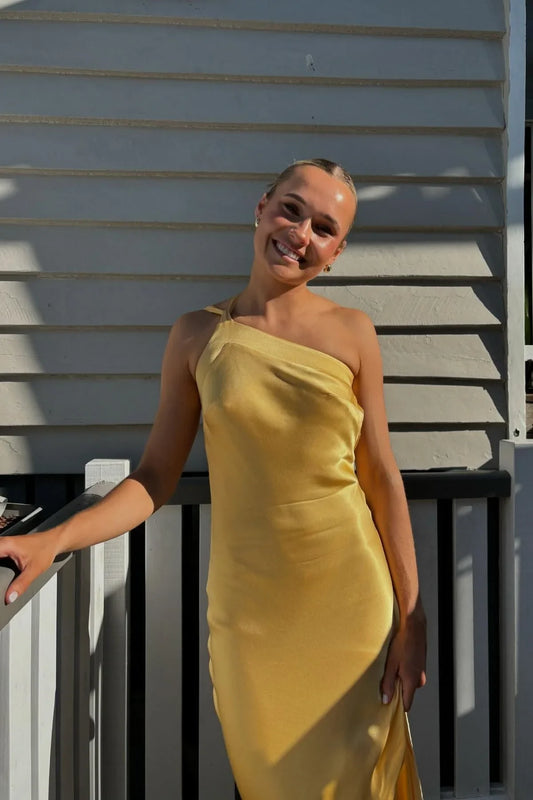Dress One Shoulder Yellow Soft Satin Fitted Party Dress Sleeveless Prom Dress