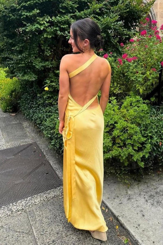 Dress One Shoulder Yellow Soft Satin Fitted Party Dress Sleeveless Prom Dress