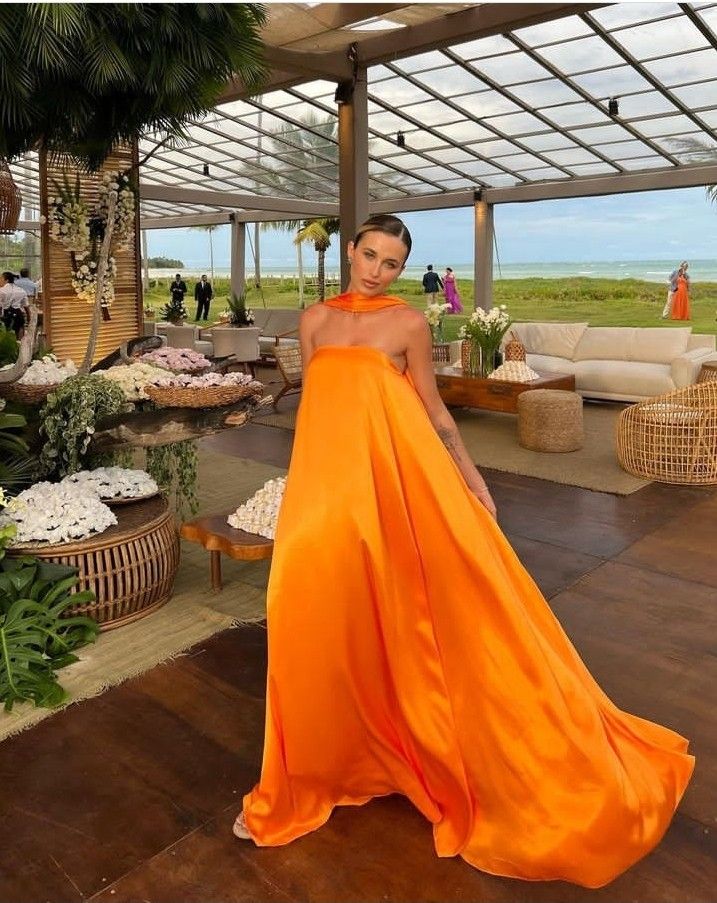 Dress Orange Elegant Flowing A-Line Off Shoulder Satin Long Ball Gown Evening Dress Wedding Guest Party Prom Dress