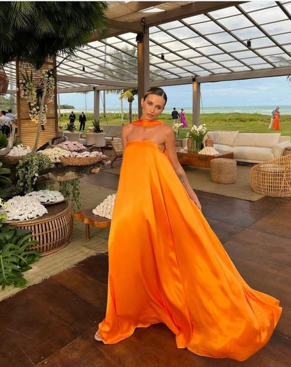 Dress Orange Elegant Flowing A-Line Off Shoulder Satin Long Ball Gown Evening Dress Wedding Guest Party Prom Dress