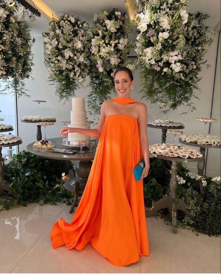 Dress Orange Elegant Flowing A-Line Off Shoulder Satin Long Ball Gown Evening Dress Wedding Guest Party Prom Dress