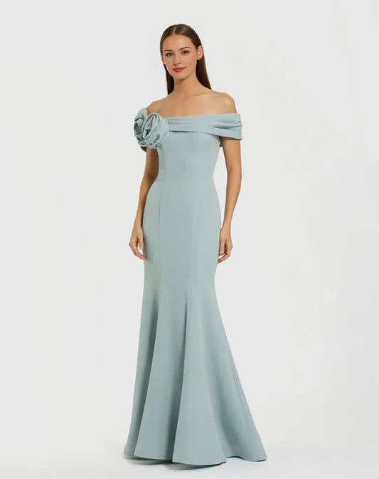 Dress Pale Blue Satin Glamour Off Shoulder Silhouette Floral Accent Satin Mermaid Fit And A Dramatic Floor Length Prom Dress