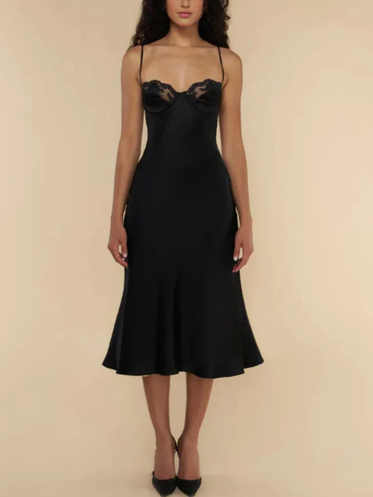 Dress Patchwork Lace Square Collar Zipper Midi Dress Party Dress Elegant Spaghetti Straps Sleeveless A-line Prom Dress