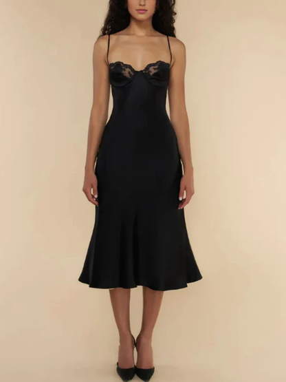 Dress Patchwork Lace Square Collar Zipper Midi Dress Party Dress Elegant Spaghetti Straps Sleeveless A-line Prom Dress