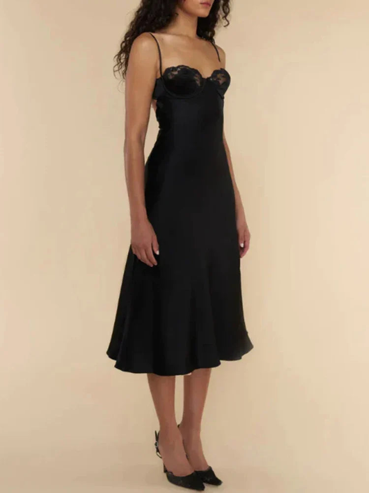 Dress Patchwork Lace Square Collar Zipper Midi Dress Party Dress Elegant Spaghetti Straps Sleeveless A-line Prom Dress
