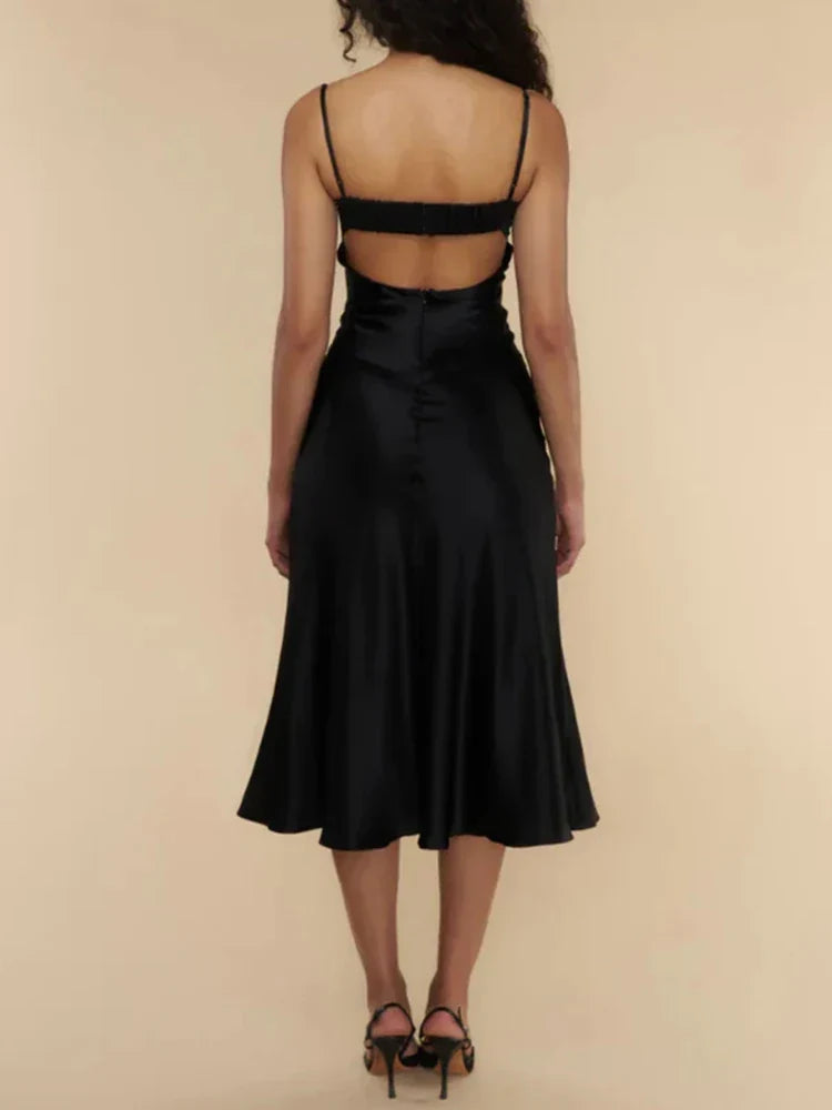 Dress Patchwork Lace Square Collar Zipper Midi Dress Party Dress Elegant Spaghetti Straps Sleeveless A-line Prom Dress