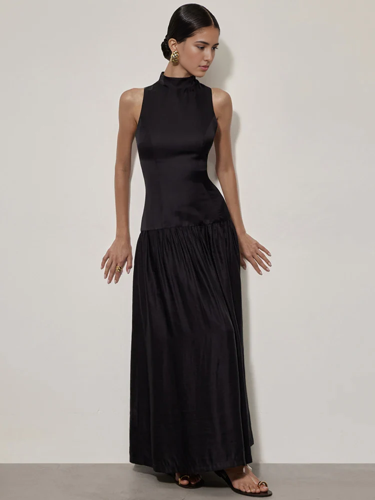 Dress Patchwork Open Back Sleeveless Round Neck Maxi Dress Party Dress Elegant A-line Prom Dress