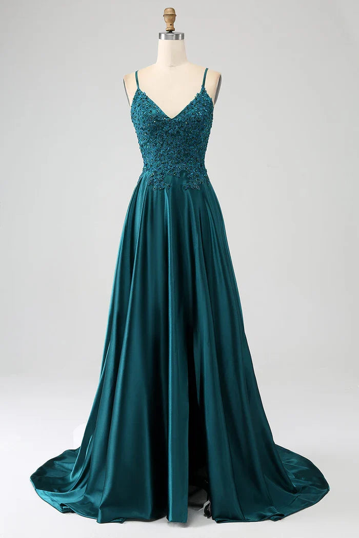 Dress Peacock Green A-Line Spaghetti Straps Party Dress Sleeveless Maxi Dress With Slit Prom Dress