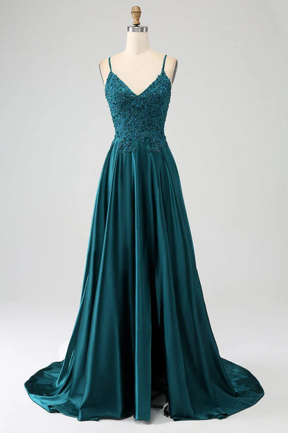 Dress Peacock Green A-Line Spaghetti Straps Party Dress Sleeveless Maxi Dress With Slit Prom Dress