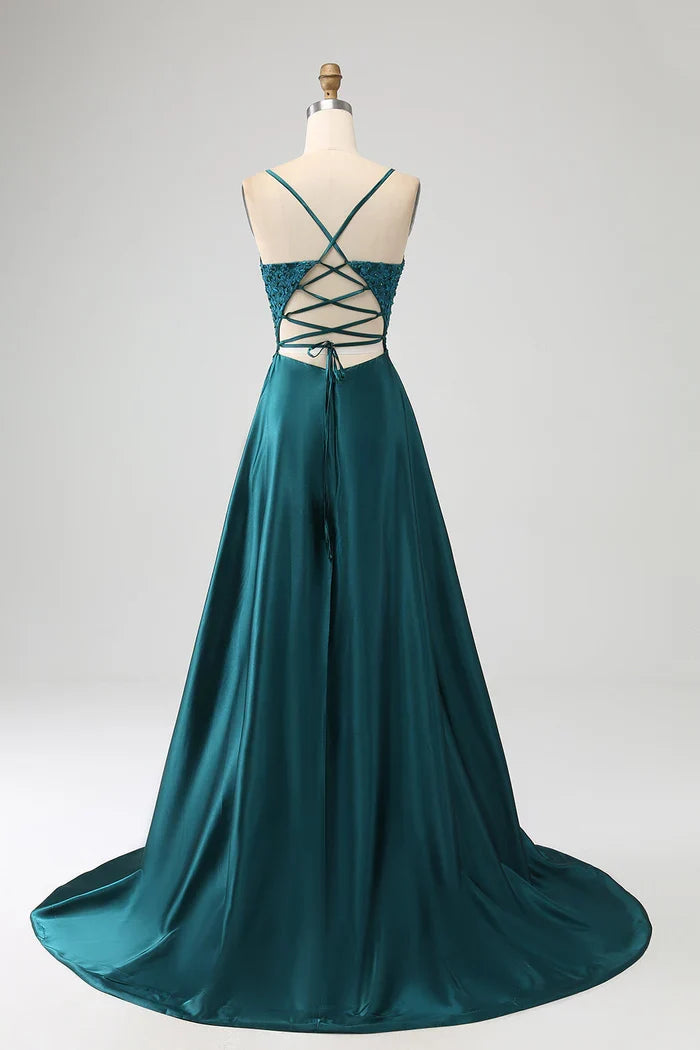 Dress Peacock Green A-Line Spaghetti Straps Party Dress Sleeveless Maxi Dress With Slit Prom Dress