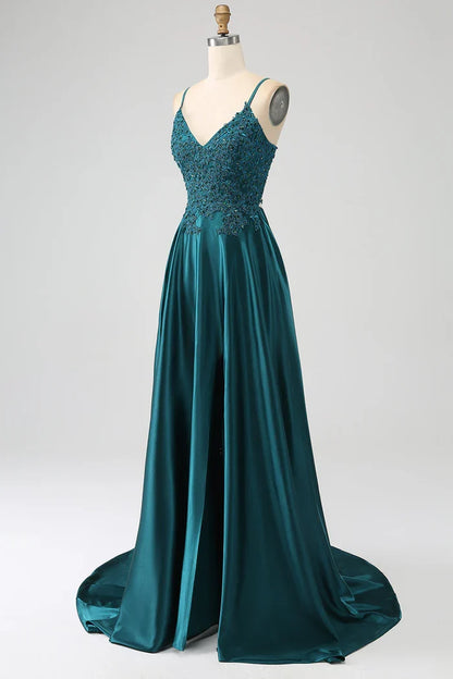 Dress Peacock Green A-Line Spaghetti Straps Party Dress Sleeveless Maxi Dress With Slit Prom Dress