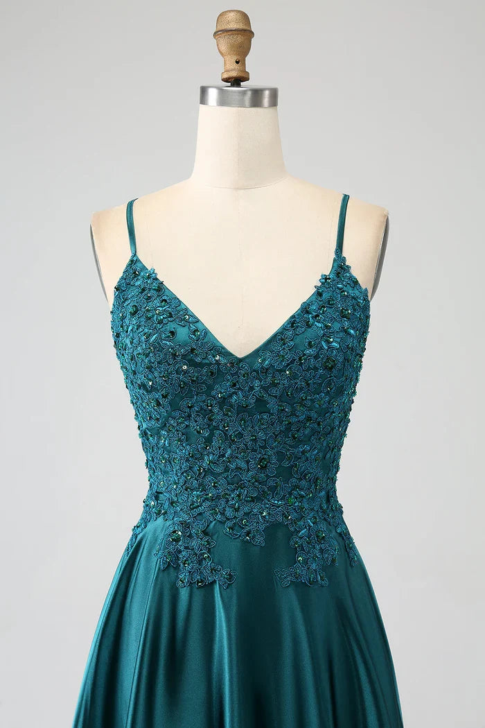 Dress Peacock Green A-Line Spaghetti Straps Party Dress Sleeveless Maxi Dress With Slit Prom Dress