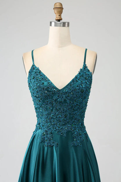 Dress Peacock Green A-Line Spaghetti Straps Party Dress Sleeveless Maxi Dress With Slit Prom Dress
