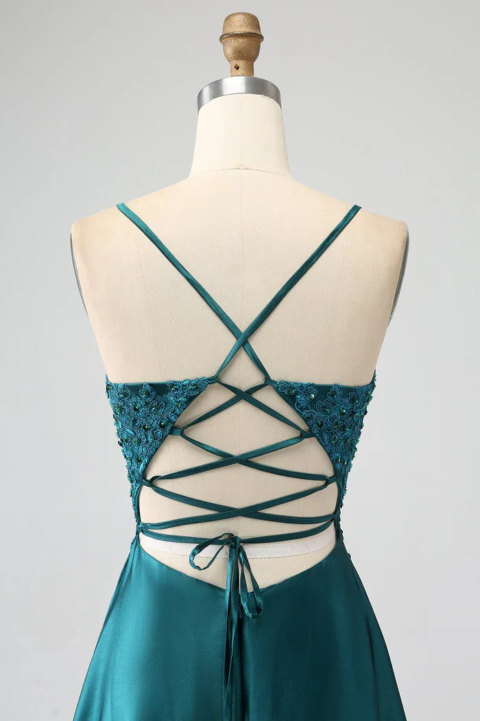 Dress Peacock Green A-Line Spaghetti Straps Party Dress Sleeveless Maxi Dress With Slit Prom Dress