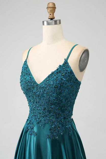Dress Peacock Green A-Line Spaghetti Straps Party Dress Sleeveless Maxi Dress With Slit Prom Dress