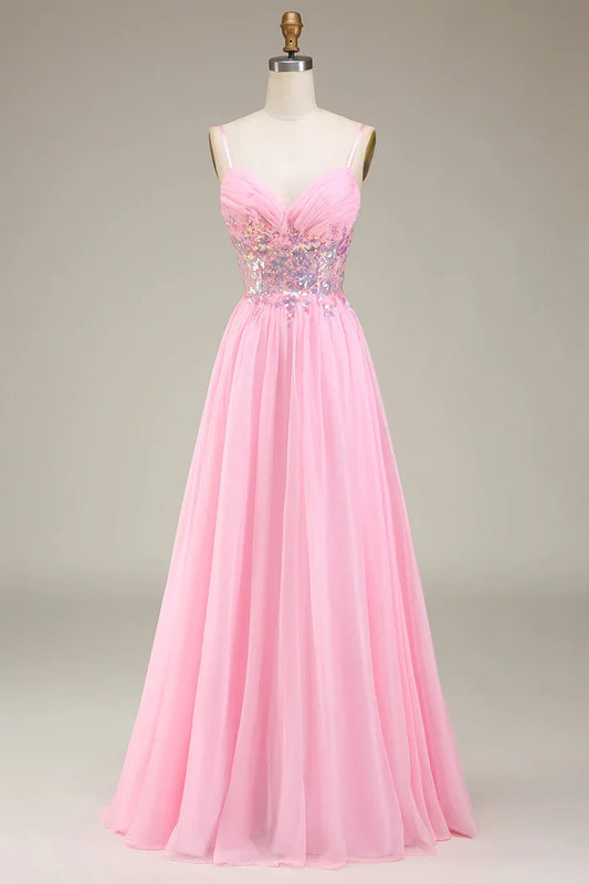 Dress Pink Corset Spaghetti Straps A-line Party Dress Sleeveless Maxi Dress With Pleated Prom Dress
